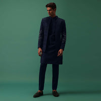 Navy Suede Jodhpuri And Kurta Set With Antique Geometric Embroidery