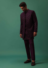 Wine Open Style Jodhpuri Jacket Set With Pleated Kurta