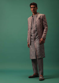 Lavender Purple Detailed Kurta And Pant Set With Striped Highlighted Jacket