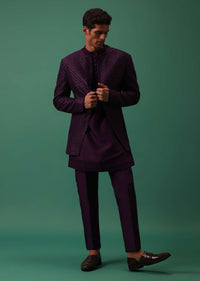 Wine Open Jodhpuri Jacket Set With Detailed Kurta