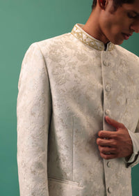 Ivory White Highlighted Bandhgala Set With Kurta And Fusing Pants