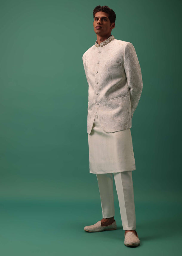 Ivory White Highlighted Bandhgala Set With Kurta And Fusing Pants