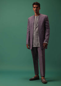 Purple Foil Striped Kurta And Pant Set With Hand-Highlighted Jacket