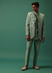 Green Hand Embroidered Indowestern Jacket Set With Pants