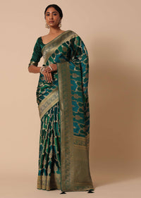 Peacock Green Banarasi Silk Saree With Rangkart Weave And Unstitched Blouse Piece