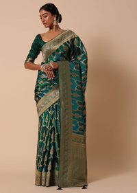 Peacock Green Banarasi Silk Saree With Rangkart Weave And Unstitched Blouse Piece