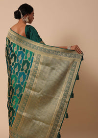 Peacock Green Banarasi Silk Saree With Rangkart Weave And Unstitched Blouse Piece