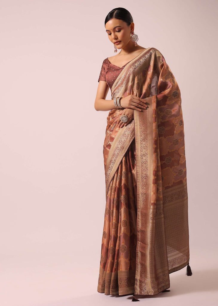 Peach Brocade Silk And Satin Rangkat Saree