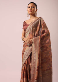 Peach Brocade Silk And Satin Rangkat Saree