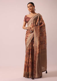 Peach Brocade Silk And Satin Rangkat Saree