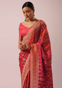Two Toned Pink Silk And Satin Rangkat Saree With Brocade Weave