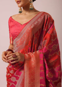 Two Toned Pink Silk And Satin Rangkat Saree With Brocade Weave