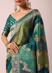 Green Silk Rangkat Saree With Bandhani Detail