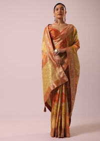 Orange Rangkat Saree With Bandhani Detail In Silk