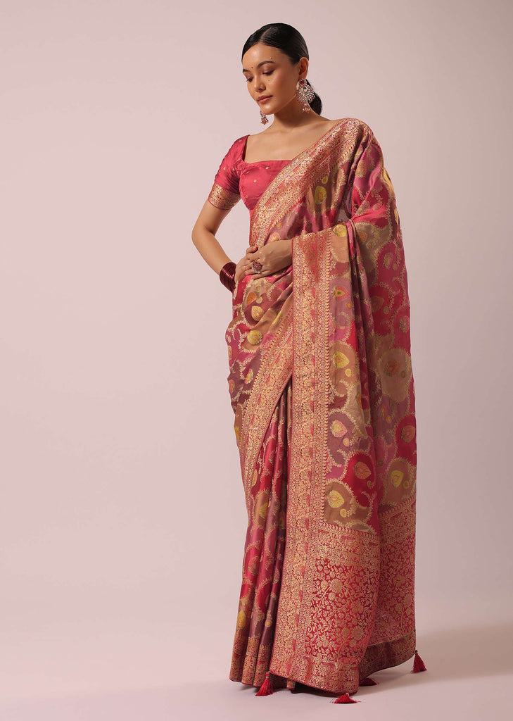 Peach Woven Rangkat Saree In Brocade Silk And Satin