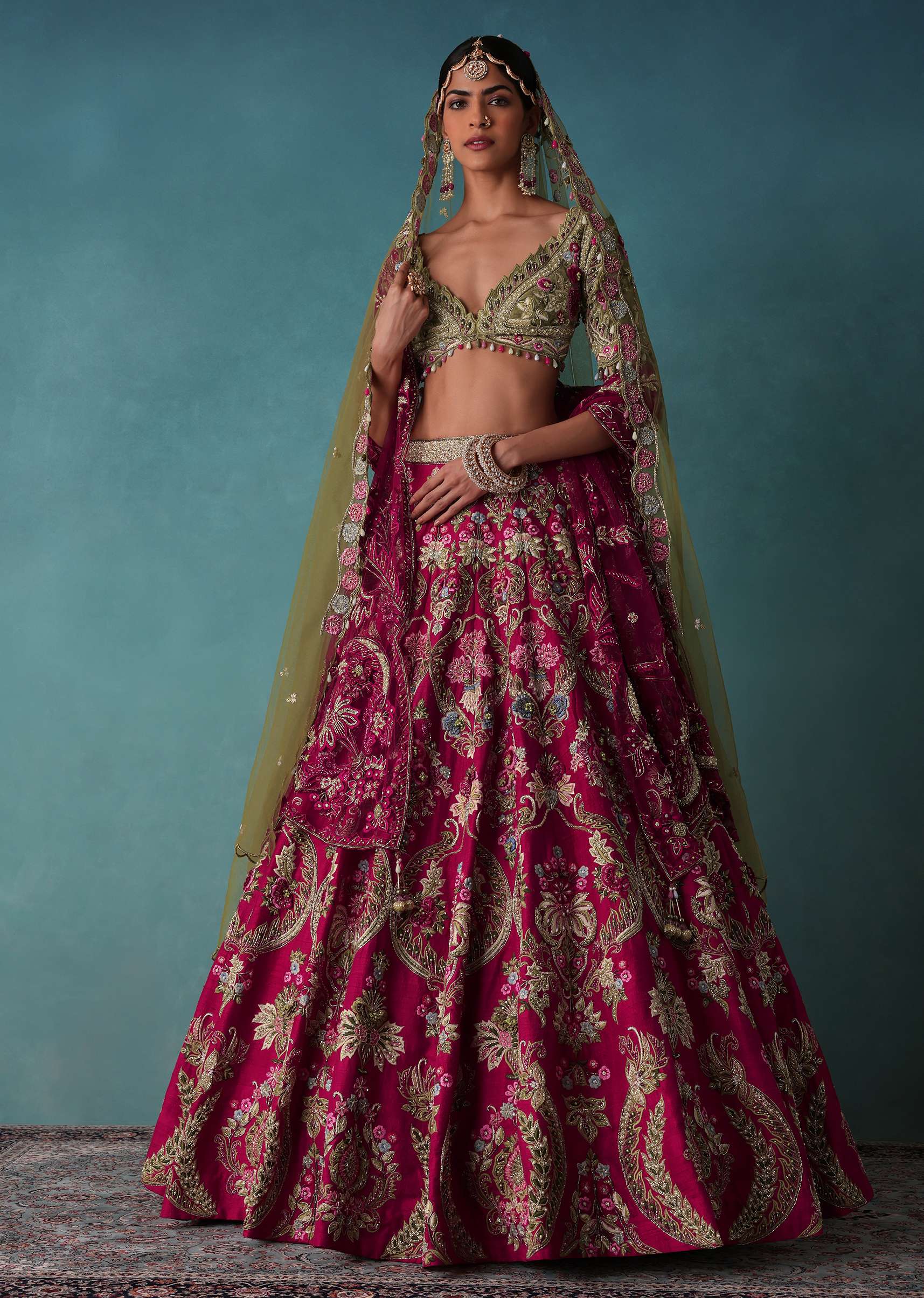 Rhodamine Pink Hand Embroidered Bridal Lehenga Set