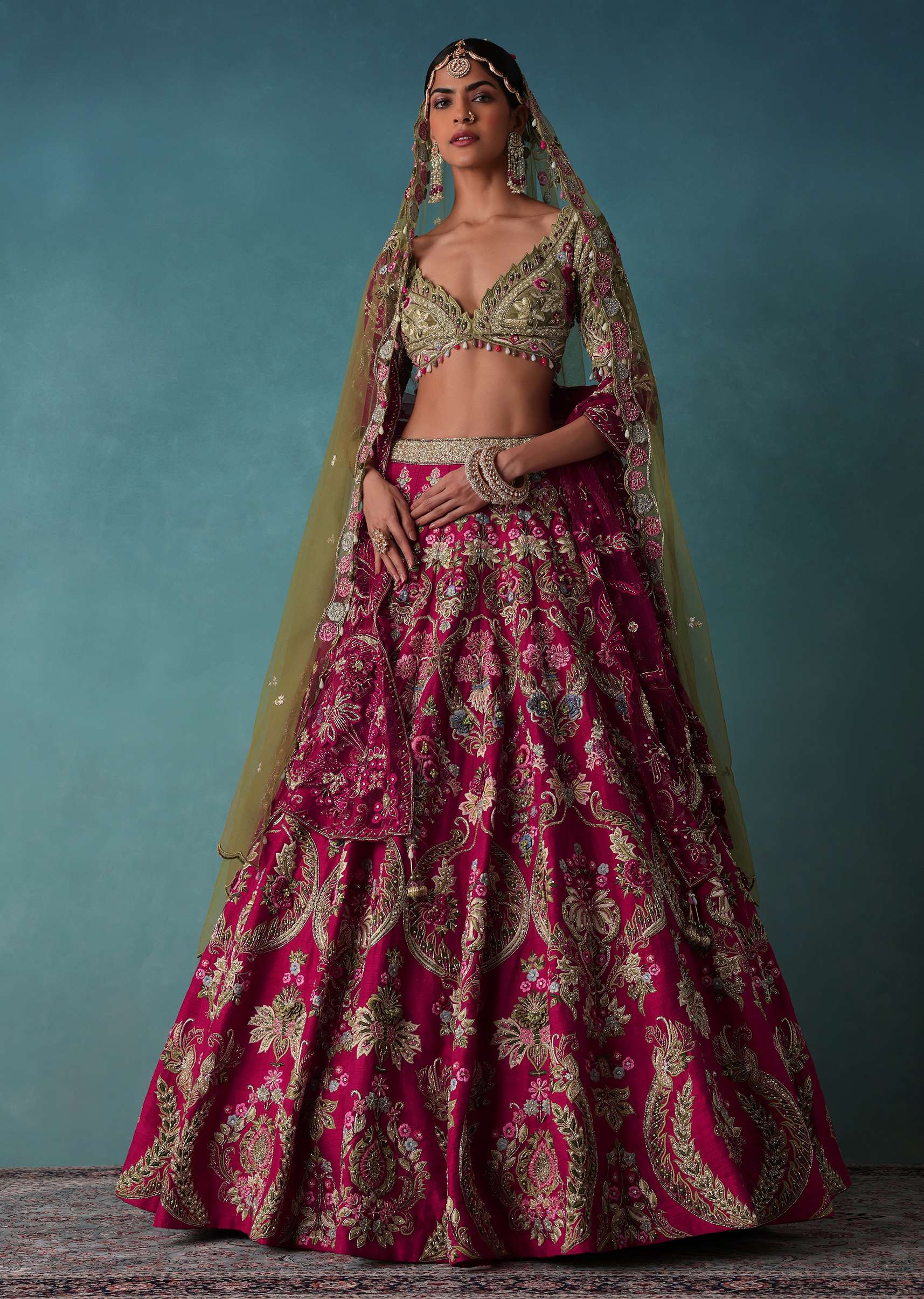 Rhodamine Pink Hand Embroidered Bridal Lehenga Set