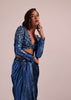 Metallic Blue Draped Skirt And Blouse With Heavy Embroidery