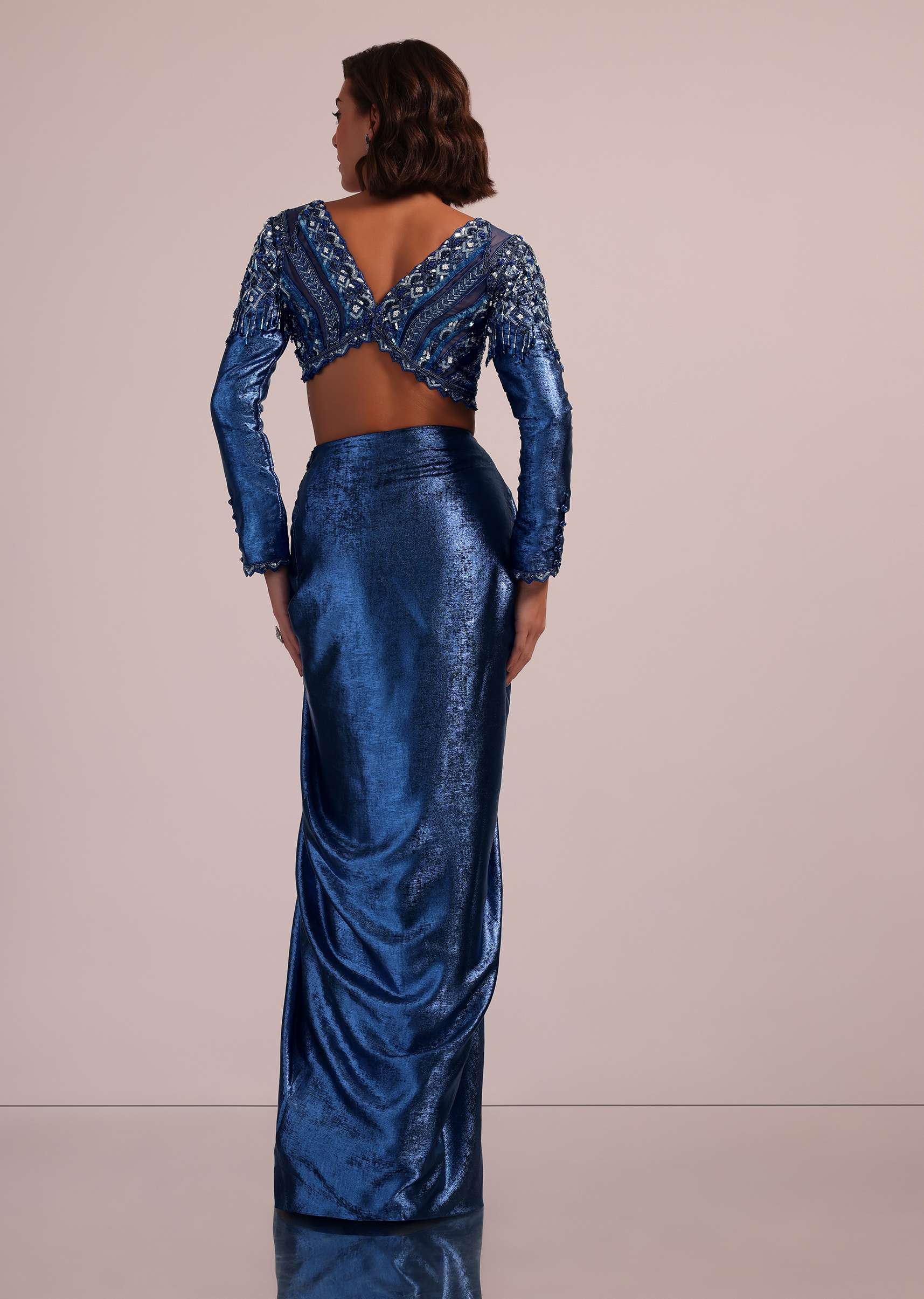 Metallic Blue Draped Skirt And Blouse With Heavy Embroidery