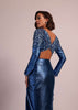 Metallic Blue Draped Skirt And Blouse With Heavy Embroidery