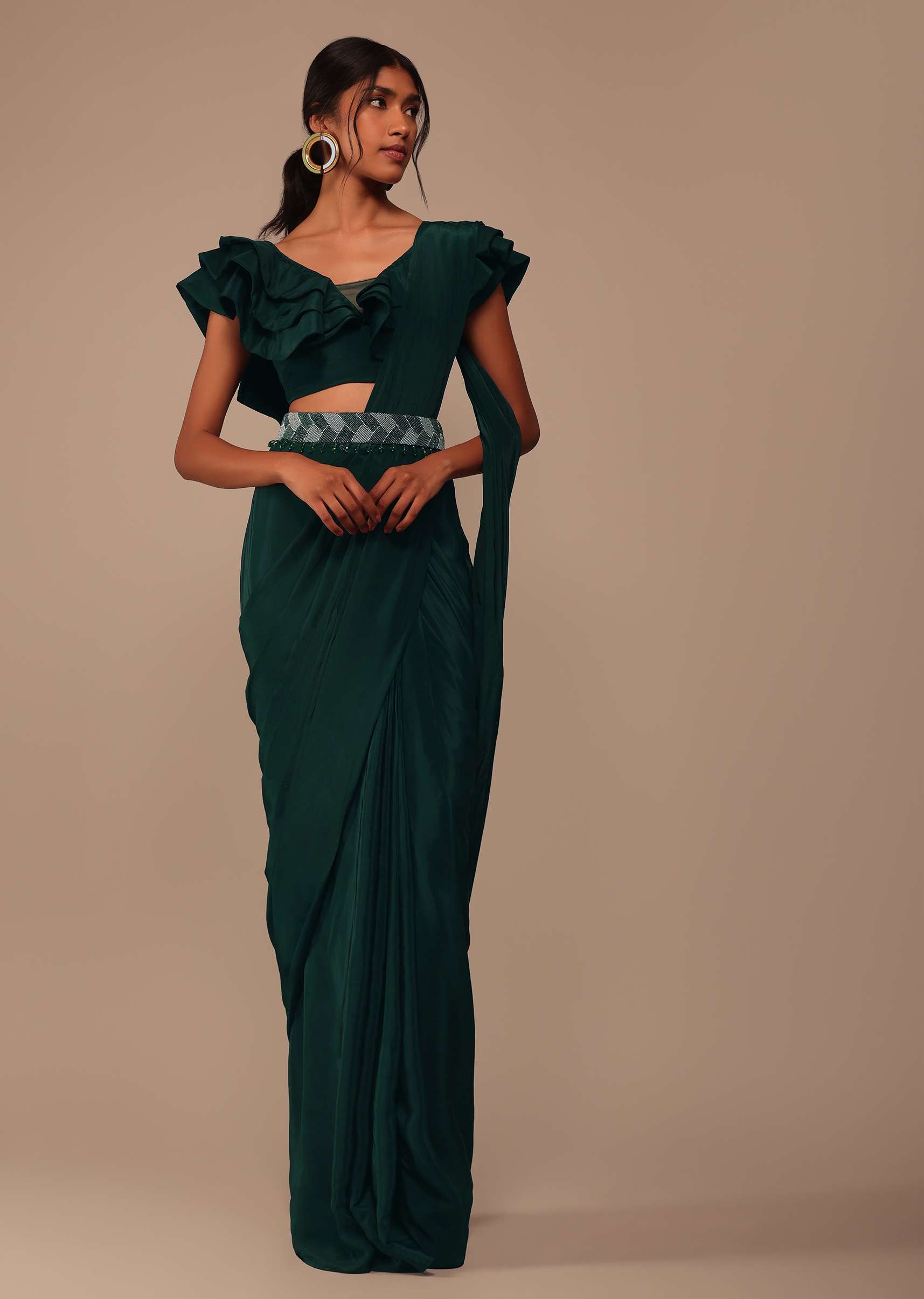 Bottle Green Crepe Saree With Fancy Blouse And Embroidered Belt