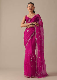 Pink Organza Saree With Cutdana Jaal Work And Unstitched Blouse Piece