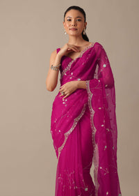 Pink Organza Saree With Cutdana Jaal Work And Unstitched Blouse Piece