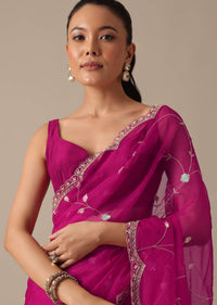 Pink Organza Saree With Cutdana Jaal Work And Unstitched Blouse Piece