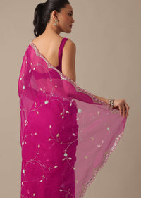 Pink Organza Saree With Cutdana Jaal Work And Unstitched Blouse Piece