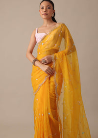 Yellow Embellished Organza Saree With Unstitched Blouse Piece