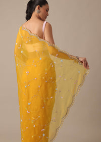 Yellow Embellished Organza Saree With Unstitched Blouse Piece