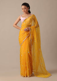 Yellow Embellished Organza Saree With Unstitched Blouse Piece