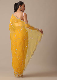 Yellow Embellished Organza Saree With Unstitched Blouse Piece