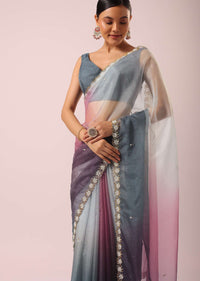 Multicolor Shaded Saree In Organza With Cutdana Work