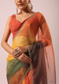 Multicolor Shaded Saree In Organza With Scallop Border