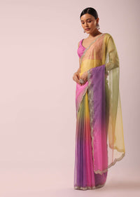 Multicolor Ombre Organza Saree With Floral Work