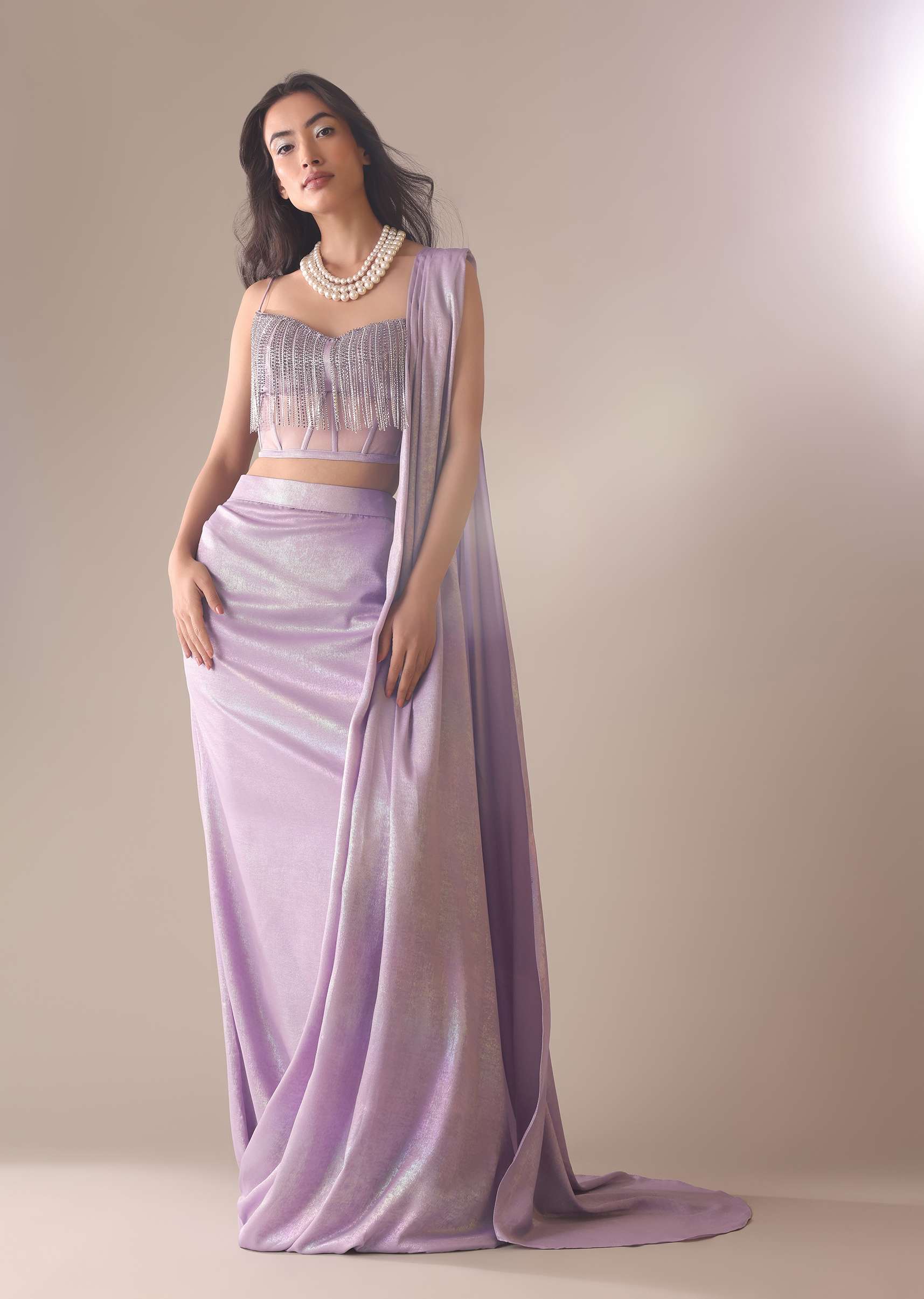 Purple Embroidered Saree And Blouse With Hanging Stud Lace