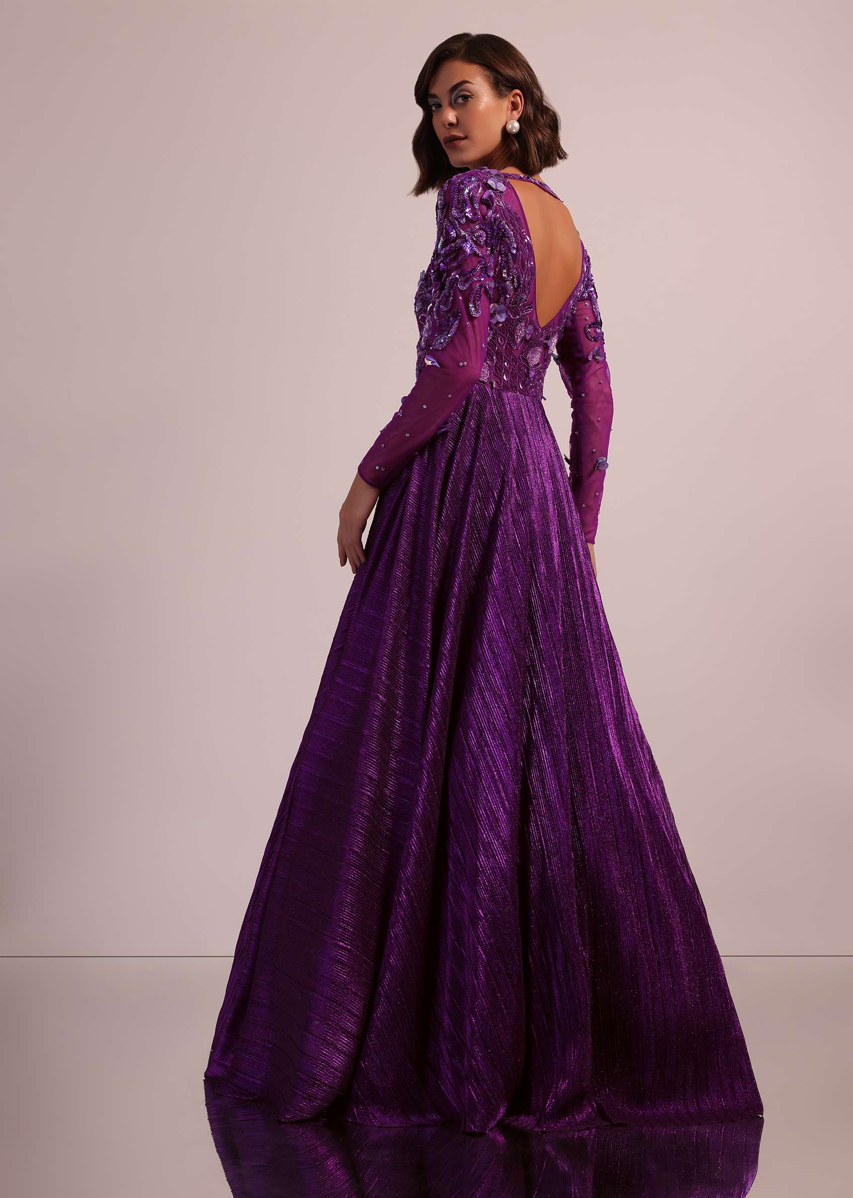 Purple Embroidered Bridal Gown In Crushed Shimmer