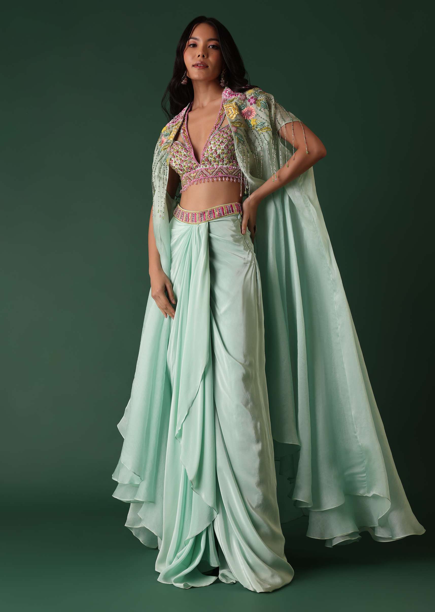 Mint Green Crepe Drape Skirt And Blouse Set With Cape
