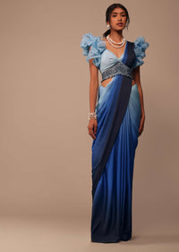 Ombre Blue Satin Saree With Fancy Organza Ruffle Blouse