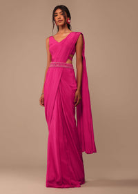 Hot Pink Indo-western Saree Set With Embroidered Belt