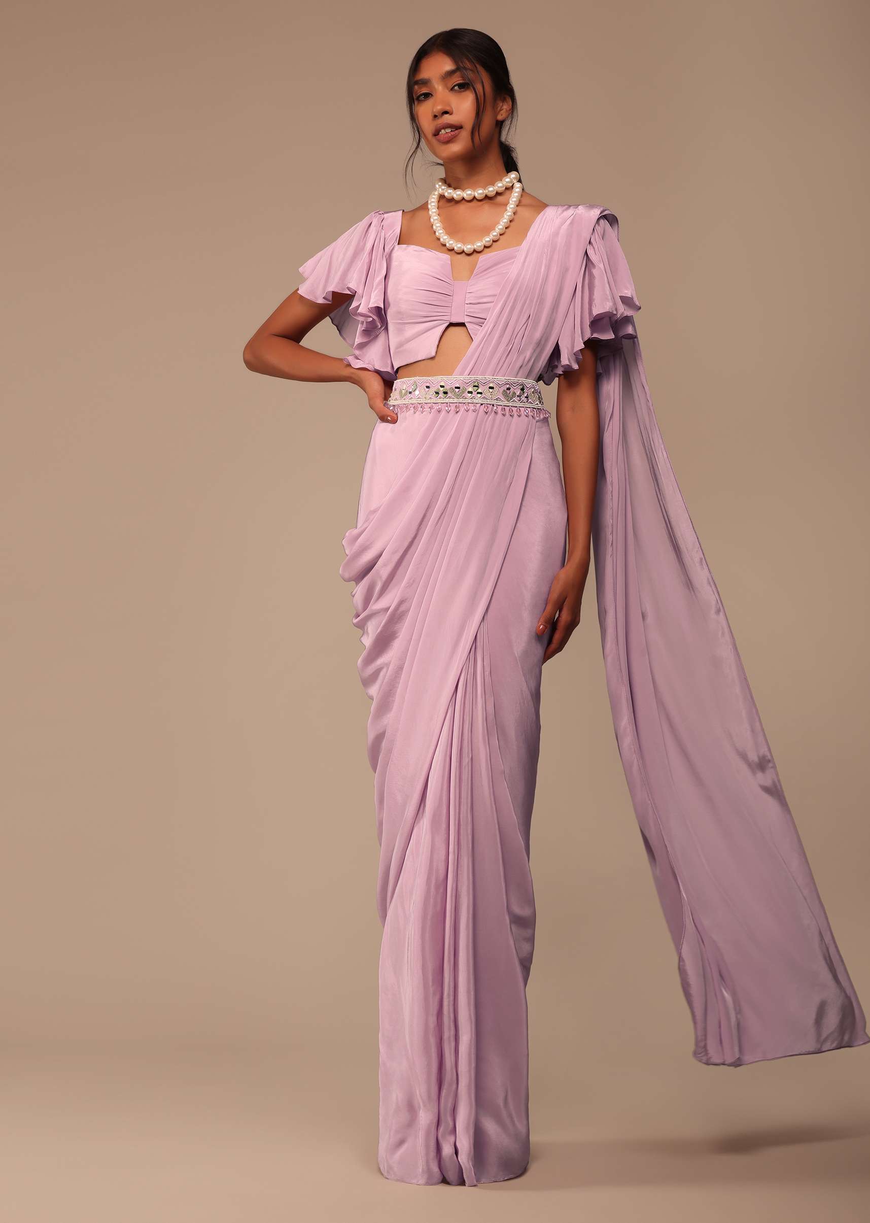 Baby Pink Crepe Saree With Fancy Bow Shaped Blouse And Belt