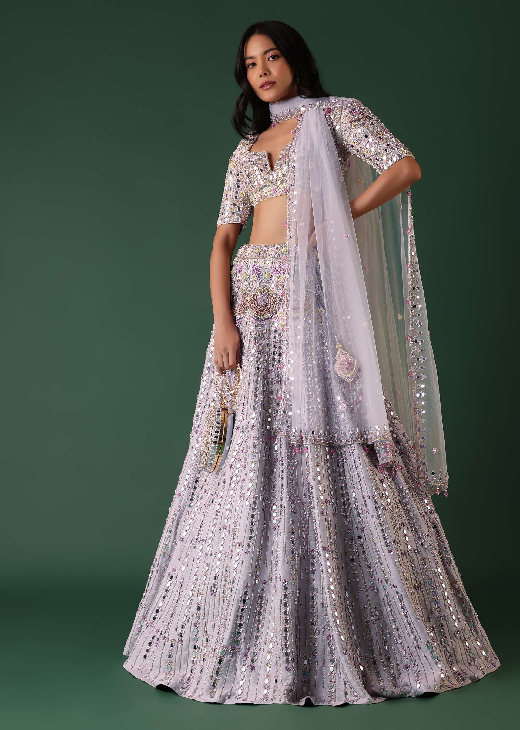 Powder Blue Embroidered Bridal Lehenga Set In Raw Silk