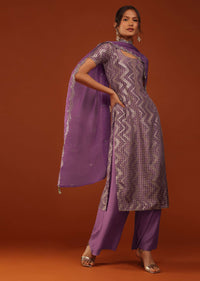 Plum Purple Uppada Silk Kurti Palazzo Set With Sequins Embroidery