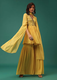 Yellow Sharara Suit Set In Georgette With Fancy Sleeves