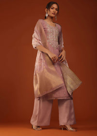 Mauve Pink Kurti And Palazzo Set In Chanderi Silk With Gotta Work