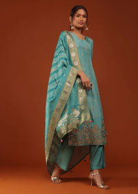 Turq Blue Bandhani Printed Kurti Palazzo Set In Silk