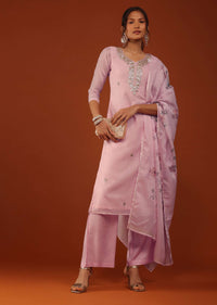 Pastel Pink Kurti Palazzo Set In Chanderi Silk With Gotta Work