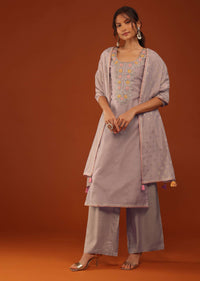 Mauve Pink Embroidered Kurti And Palazzo Set With Brocade Weaved Dupatta