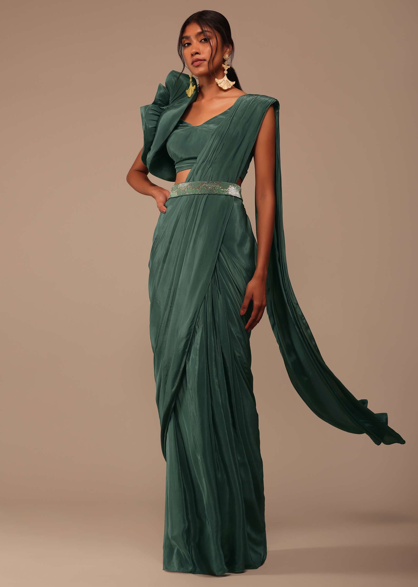 Jade Green Saree With Fancy One Side Flowered Shape Sleeve And Belt